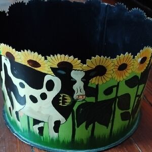 Sunflower and Cow Decorative Metal Bucket